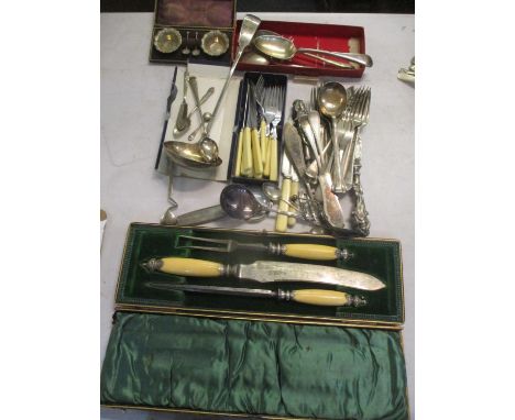 A cased silver rimmed carving set, together with a selection of silver plate to include cased salt set and mixed cutlery 