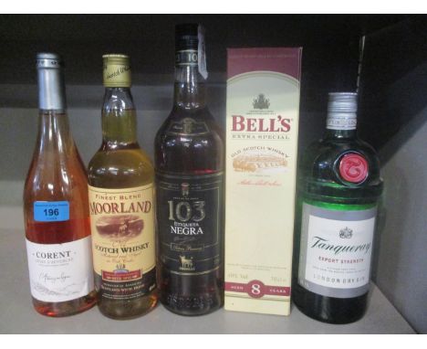 Boxed Bells Whisky, together with Tanqueray Gin, Moorland Whisky, Negra Brandy and a bottle of Caret Cotes D'Auvergne 