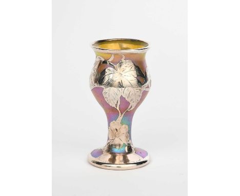 A small Art Nouveau Loetz Papillon glass vase with silver overlay, swollen cylindrical form, splashed golden iridescence, wit