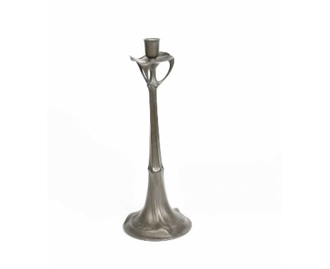 A tall Jugendstil Kayserzinn pewter candlestick, model no.4427, circular base tapering to square section column, flaring foli
