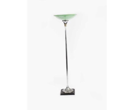 A chrome and glass Savoy uplighter, believed to have been from The Savoy Hotel, stepped ebonised wood base, tapering chrome c