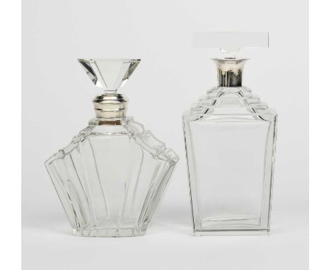 An Art Deco White &amp; Hawkins silver mounted glass decanter and stopper, stepped, Odeon form with flaring triangular stoppe