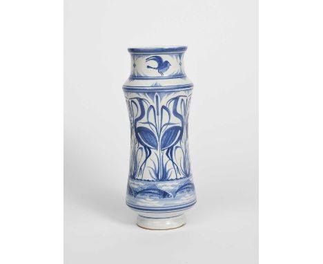 Φ Laurence McGowan (born 1942)a tin-glazed pottery albarello vase, dated 1999, painted with tall wading birds amongst reeds, 