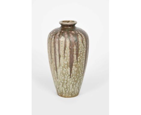 A Charles Gruber stoneware vase, shouldered form covered in a running mushroom and pale green glaze to the shoulder over spec