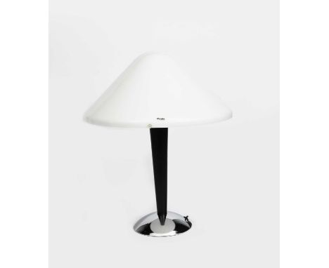 An iGuzzini table lamp designed by Harvey Guzzini, chrome base with ebonised woodstem and white perspex shade, applied retail