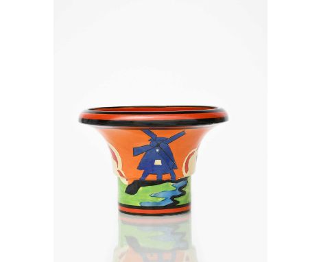 'Applique Windmill' a rare Clarice Cliff Bizarre Archaic vase, shape no.373, painted in colours between red and black bands, 