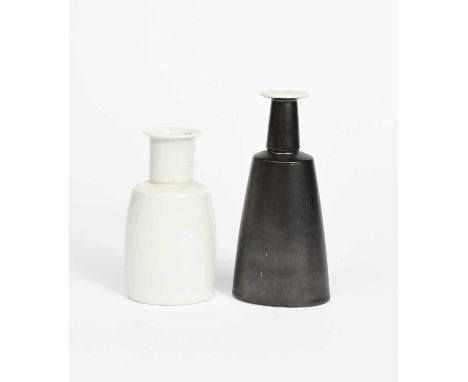 Prue Venables (born 1954)a porcelain bottle vase, tapering, shouldered form with flaring rim, glazed black with white rim, an