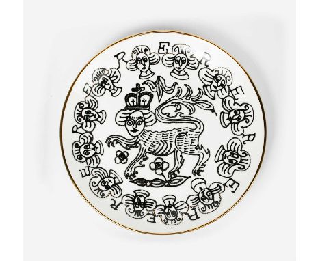 Sir Grayson Perry CBE RA (born 1960)Lion Queena plate, printed with heraldic lion and border of portrait busts and ER monogra