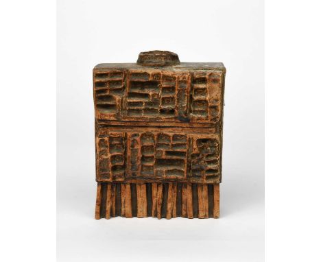 Φ Bernard Rooke (born 1938)a stoneware vase, rectangular form, cast in relief with geometric panels, glazed brown,27.5cm. hig