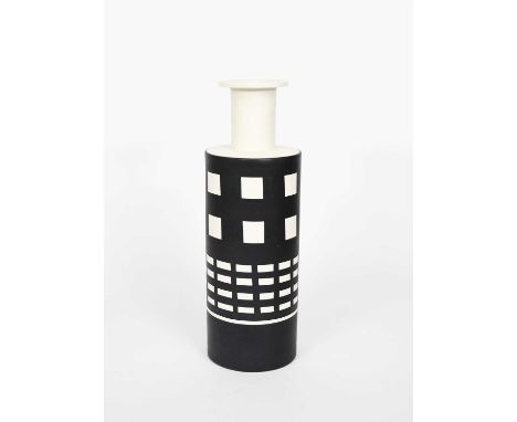 A Memphis Pottery Reel vase designed by Ettore Sottsass, shouldered, cylindrical form, screen printed in black and white, pai