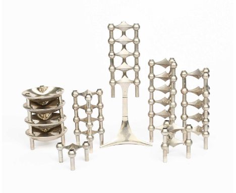 A BMF Modernist polished metal candlestick designed by Fritz Nagel and Ceasar Stoffi, one tripod foot and four circular bases