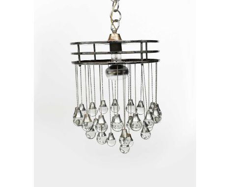 An Art Deco chrome ceiling light, circular disc construction with hanging glass teardrop reflectors with chrome mounts, unsig