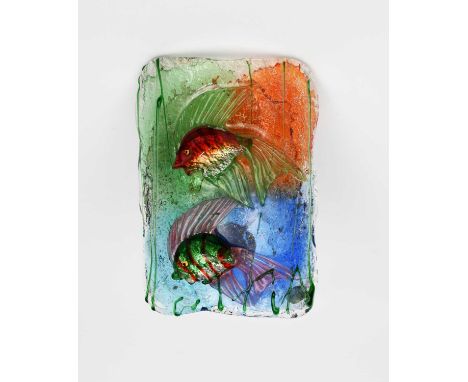 A Cenedese Murano glass Aquarium wall light,  the curved, rectangular glass panel carved in low relief with two exotic fish, 