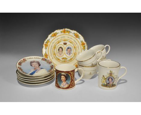2001-2002. A mixed group of glazed ceramic items comprising: four cups and saucers with gilt detailing, each with crowned 'E 
