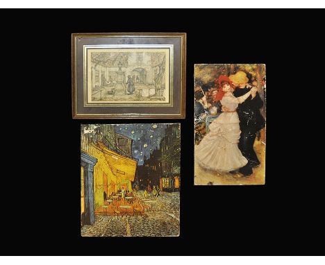 20th century AD. A mixed group of prints comprising: a framed and mounted scene of village square by Anton Pieck; an impressi