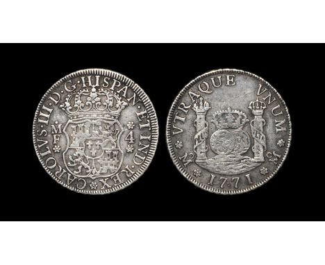 Dated 1771 AD. Obv: crowned arms with M over F left and mark of value 4 right with CAROLVS III D G HISPAN ET IND REX legend. 