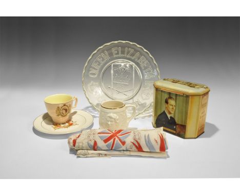 1953. A mixed group of commemorative items for the coronation of Queen Elizabeth II comprising: a white-glazed dish with phot