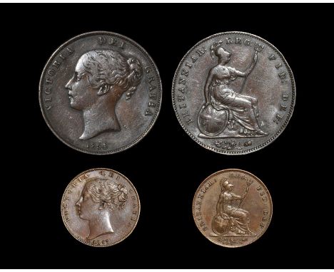 Dated 1854 and 1847 AD. Group comprising: Victoria, young head, penny (1854, plain trident) and farthing (1847). S. 3948/S. 3