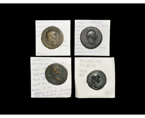 69-79 AD. Group comprising: dupondii, reverses of Fortuna and Victory; ases, reverses of eagle on globe and clasped hands (Fi