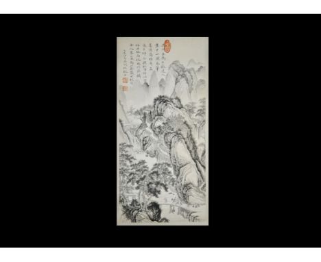 20th century AD. A rectangular paper panel on a fabric backing with wooden roller; painted monochrome landscape with trees an