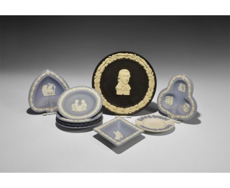 1980s-1990s. A mixed group of Wedgewood jasperware items comprising: a black dish with applied cream bust with legend 'Arth. 