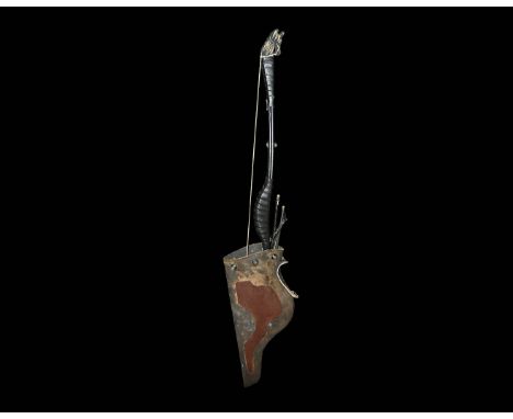 20th century AD. A group of archery items comprising: a leather-covered composite bow with beast-head nocks, sinew(?) bowstri