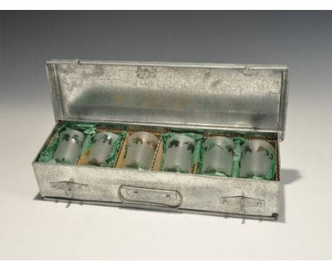 1960s. A matched set of six flared shot glasses each with frosted body and reserved frieze of stylized African animals (hippo