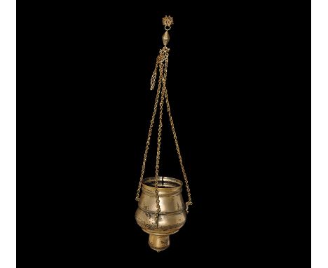 20th century AD. A piriform hanging lamp of tiered design with three brackets, bands of slash and guilloche ornament; three b