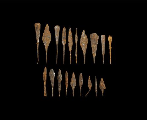 11th-15th century AD. A mixed group of iron arrowheads comprising: one leaf-shaped, socketted; one barbed and tanged; one tri