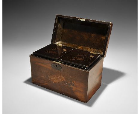19th century AD. A wooden caddy with hinged lid, one fixed and one removable inner compartment, each with separate lid; lacqu