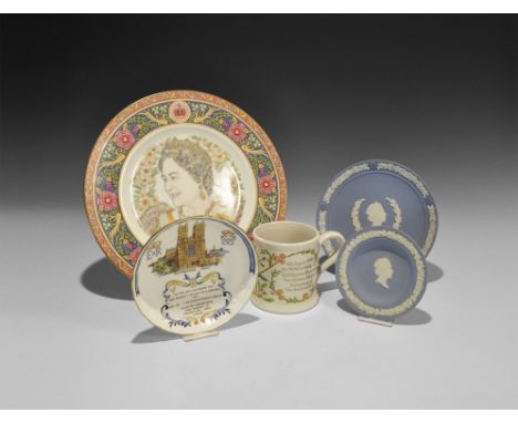 1972-1997. A mixed group of ceramic commemorative items comprising: a jasper ware plate with applied white floral border, pro