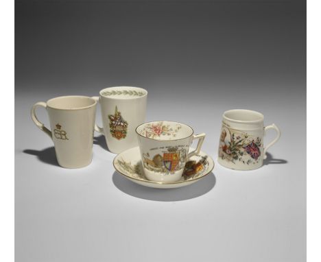 19th-20th century AD. A mixed group of white-glazed ceramic items comprising: a matched teacup and saucer, each with the roya