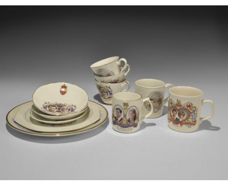 1981 & 1986. A mixed group of ceramic items comprising: a matched pair of teacups and saucers each with photographic portrait