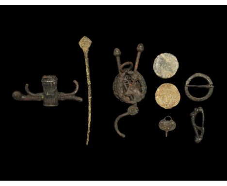 1st-19th century AD. A mixed group comprising: an Iron Age bow brooch with La Tène beast-head foot; a dress pin with knotwork