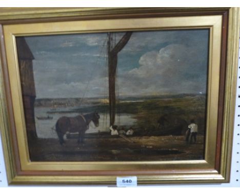 ENGLISH SCHOOL. 19TH CENTURY  Scene on the Thames with figures unloading a boat. Oil on oak panel. 10' x 14' 