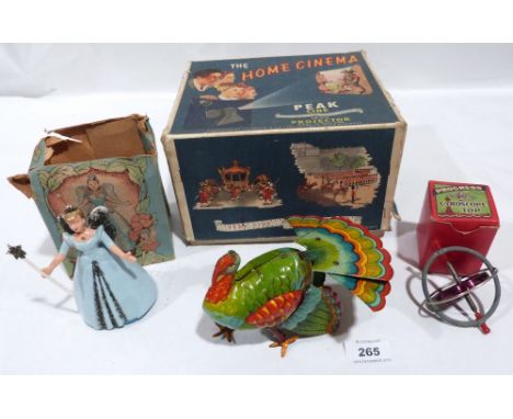 Vintage Toys. A Peak 16mm cine projector; two clockwork tinplate toys and a gyroscope