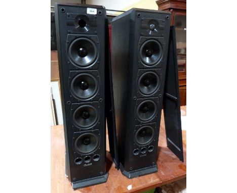 A pair of Mission 753 floor standing loudspeakers , 2 way with four bass drivers, 6 ohm, 35-150W. One speaker with damage to 