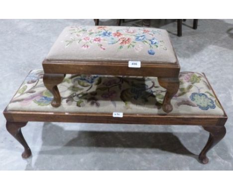 A tapestry seated stool on cabriole legs, 36' long and a smaller example