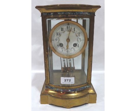 A French gilt brass and cloisonne enamel four glass mantle clock, the two train drum movement with compensated mercurial pend
