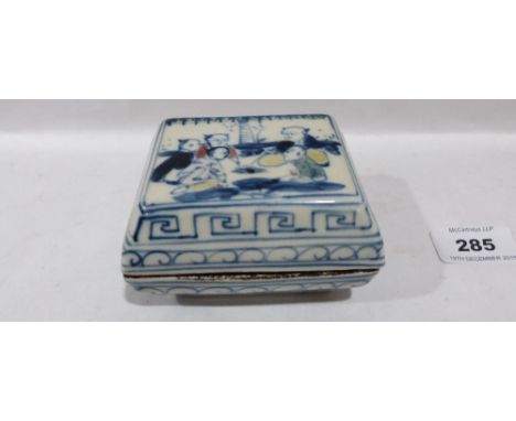 A Chinese ceramic blue and white box and cover painted with figures in a garden. 4' wide