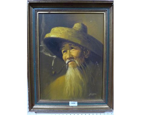 L.CHAN. CHINESE 20TH CENTURY An elderly chinaman smoking a pipe. Signed. Oil on board 17' x 12½'