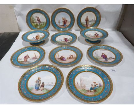 A Victorian Mintons part dessert service, comprising a pair of comports and nine plates, each finely painted with figure scen