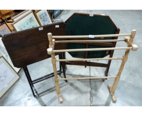 A folding card table, a folding occasional table and a pine towel rail