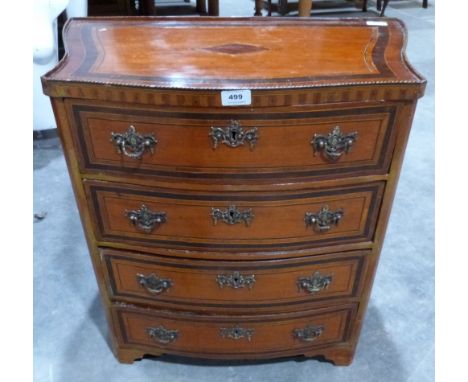 An 18th century style satinwood inlaid and banded serpentine commode with four long drawers on bracket feet. 26' wide