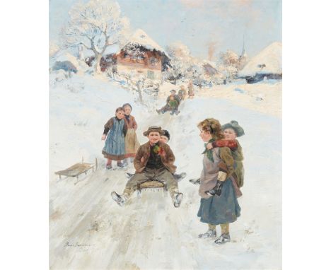 Hans Bachmann, SchlittenfahrtÖl auf Leinwand. 44 x 36,5 cm.Signiert unten links: Hans Bachmann Zürich.ProvenienzDeutsche Priv