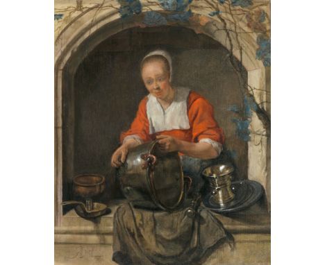 Gabriel Metsu, Die KesselputzerinÖl auf Holz. 24 x 20 cm.Signiert unten links: G. Metsu.ProvenienzPieter Leendert de Neufvill