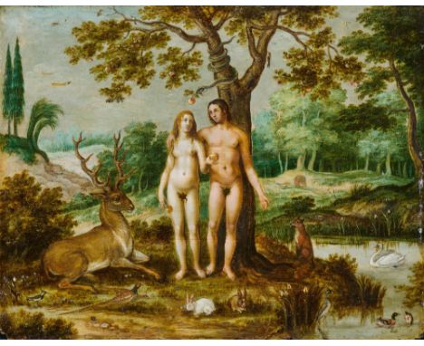 Lucas van Valckenborch, zugeschrieben, Adam und Eva im ParadiesÖl auf Holz. 18 x 22,2 cm.Monogrammiert und datiert unten Mitt