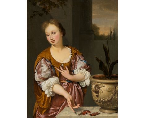 Jan van Mieris, Vanitasporträt einer jungen FrauÖl auf Holz. 21 x 17,4 cm.Signiert und datiert auf der Säulenplinthe: J. van 