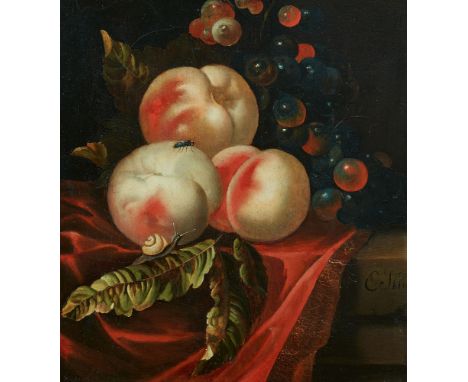 Ernst Stuven, Stillleben mit Pfirsichen und Weintrauben (Fragment)Öl auf Holz. 25 x 21 cm.Signiert Mitte rechts: E Stu (Rest 