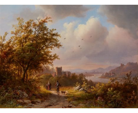 Johann Bernhard Klombeck, Blick ins RheintalÖl auf Holz. 15 x 20,5 cm.Signiert und datiert unten links (auf dem Stein): J B K